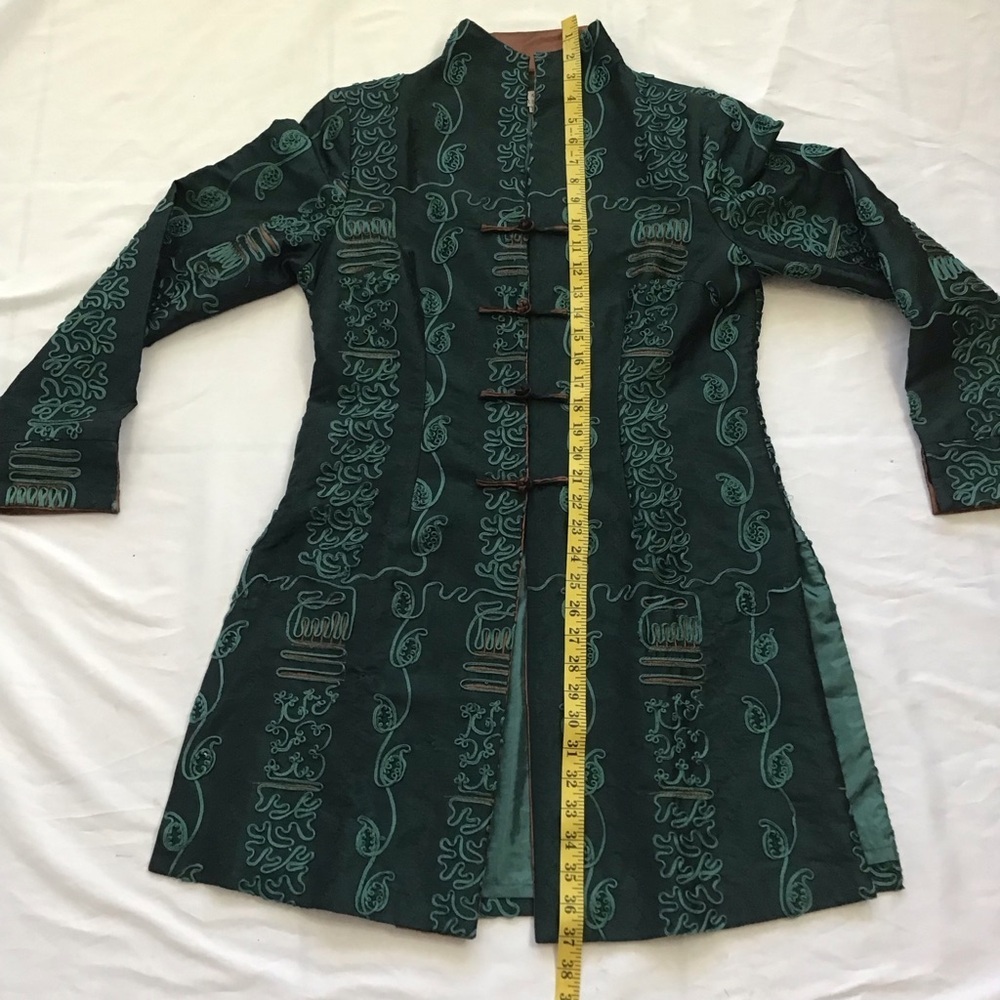 MINIYE ASIAN WOMEN ELEGANT TEAL GREEN EMBROIDERED FLORAL DESIGN SILK COAT SZ XL - Picture 9 of 10